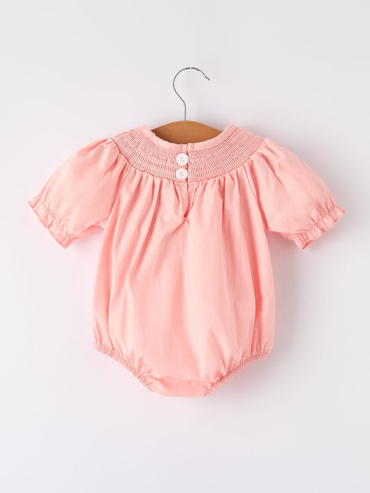 Girls Horse Smocking Embroidered Coral Romper