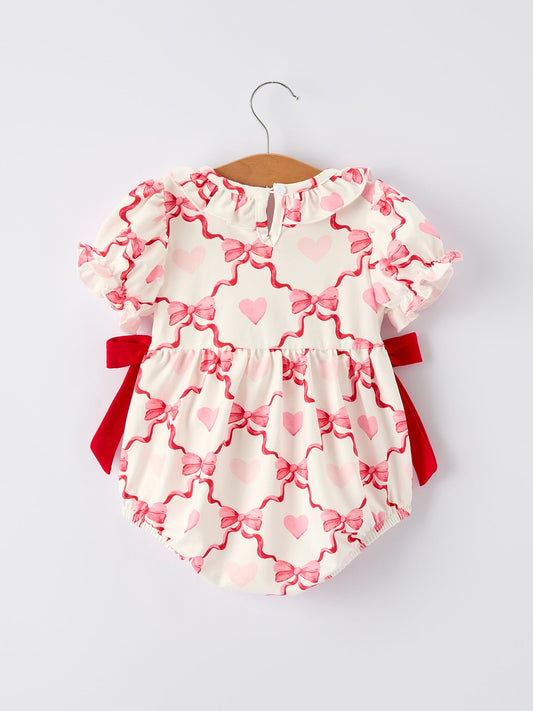 Girls Valentine Romper with Heart Embroidery and Bowknot Design