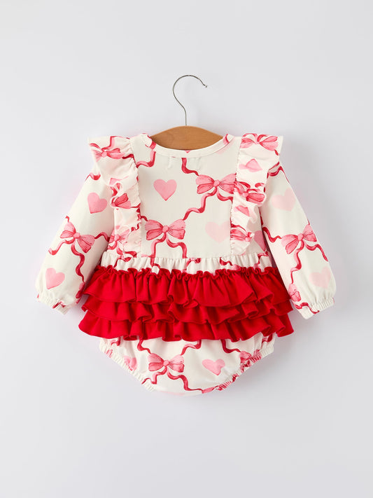 Girls Valentine Romper with Heart Print and Bowknot Design
