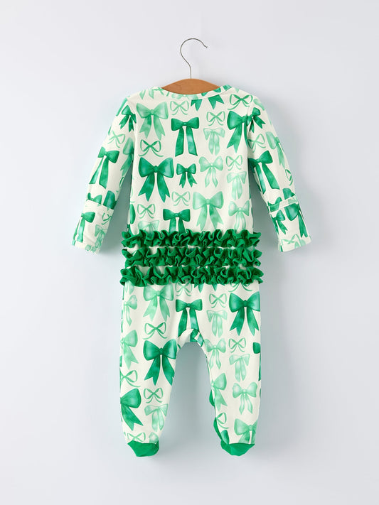 St. Patrick's Day Bow Print Long Sleeves Baby Girls Romper