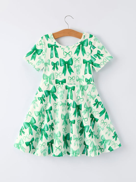 St. Patrick's Day Bow Print Short Sleeves Girls Dress