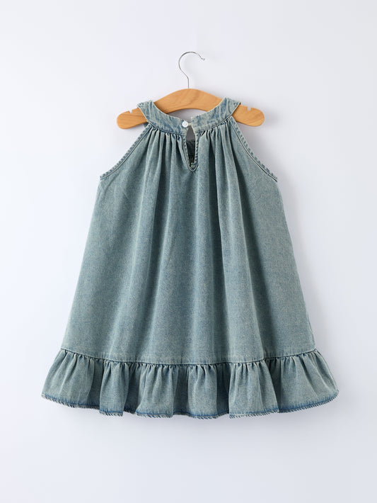 Girls Denim Ruffle Trim A-Line Dress