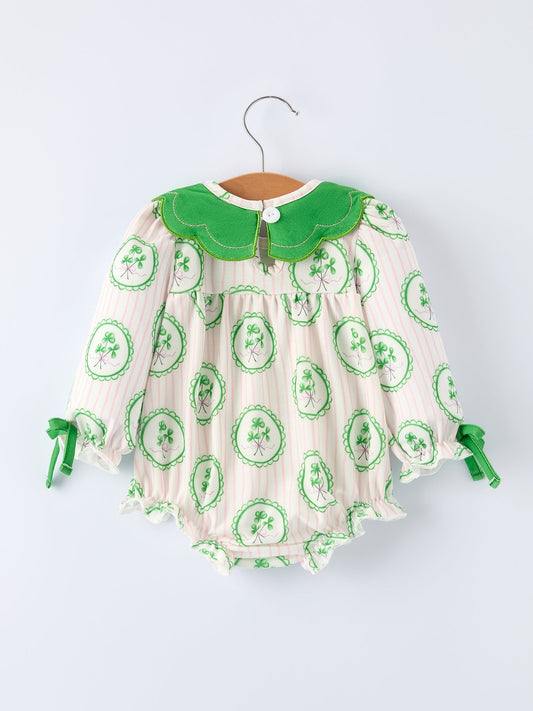 St. Patrick's Day Shamrock Striped Long Sleeve Baby Girl Romper