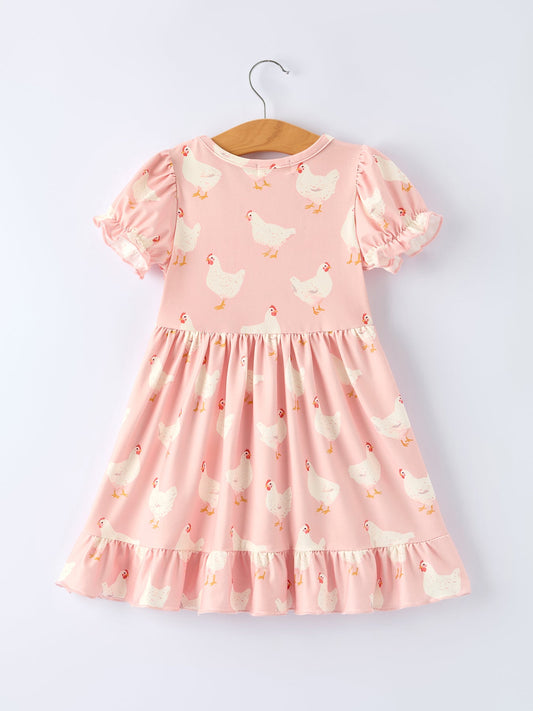 Farm Spring Chicken Print Girls Ruffle Dress