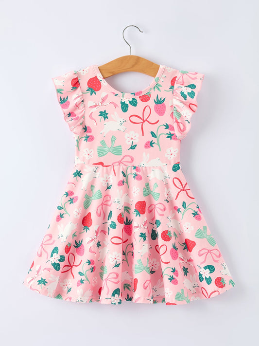 Easter Strawberry Bunny Bow Print Girls' Dress