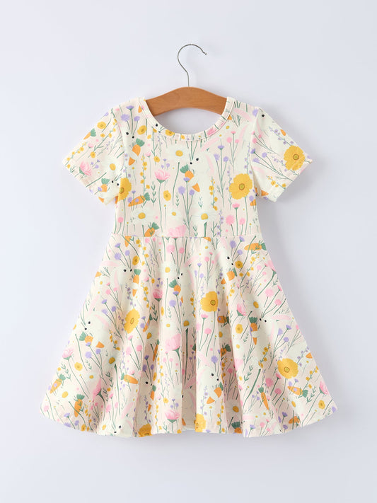 Spring Easter Bunny Yellow Floral Girls Dress