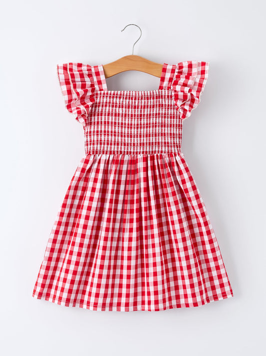 Summer Plaid Smocked Ruffle Girl Dress Sibling Outfits