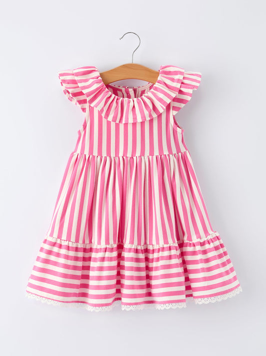 Spring Pink Striped Ruffled Girls' Dress with Hat