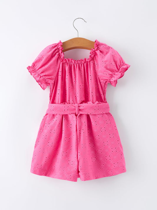 Spring Hot Pink Short-sleeved Girls Jumpsuit