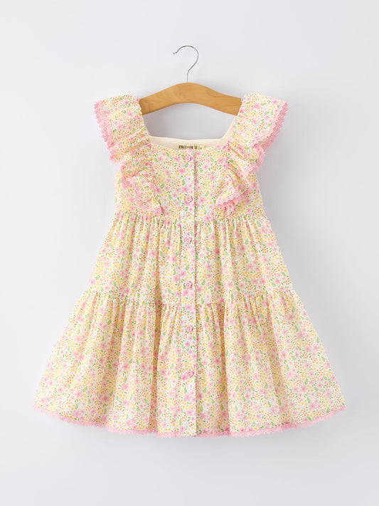 Spring Floral Girls Ruffle Dress With Bow Straw Hat Set