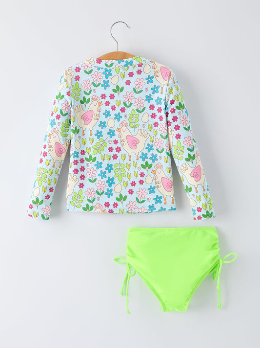 Summer Chicken Print Girls Long Sleeve Swim Set