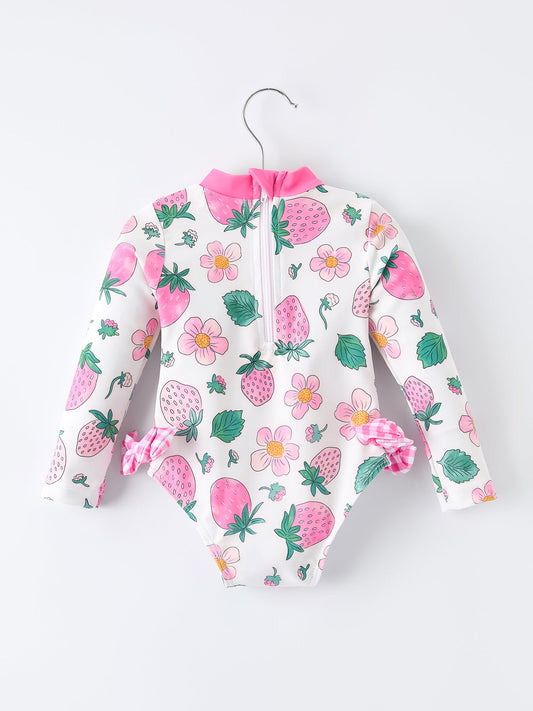 Strawberry Floral Print Long Sleeve Girls One Piece Swimsuit