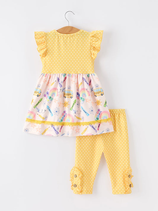 Girls Back To School Rainbow School Bus Ruffle Leggings Set