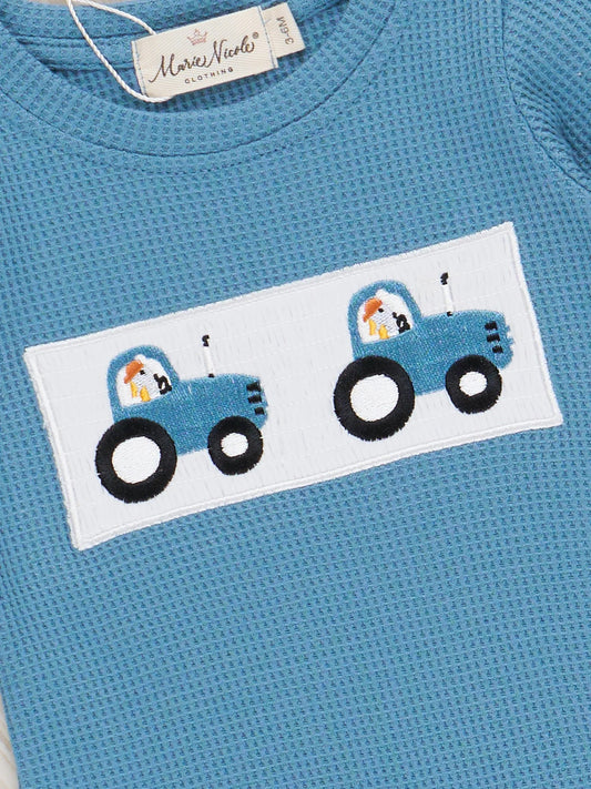 Blue Smocked Tractors Romper