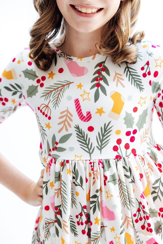 Holly Jolly Christmas 3/4 Sleeve Pocket Twirl Dress