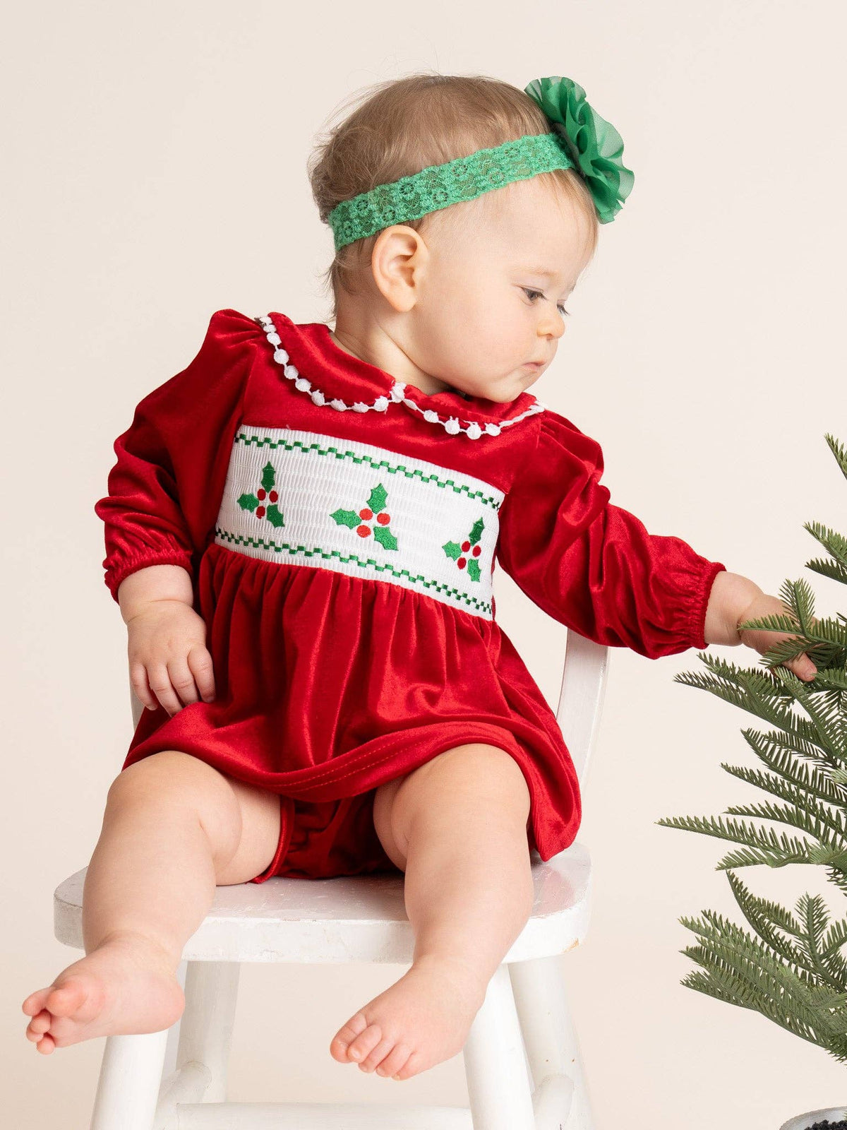 Red Smocked Holly Velvet Bloomers Outfit