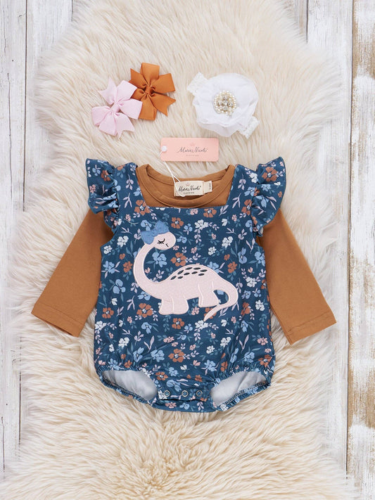 Dino Petal Embroidered Ruffle Bubble Romper