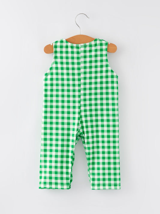 St. Patrick's Day shamrock Smocking Embroidered Green Plaid Boys' Romper