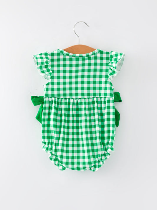 St. Patrick's Day Shamrock Smocking Embroidered Plaid Baby Girls Romper