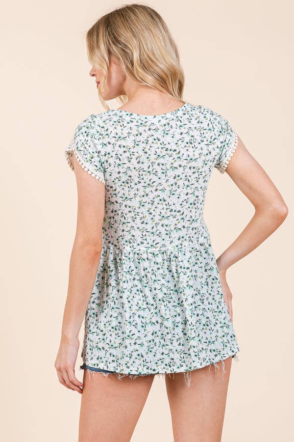 Pointelle Ditsy Flower Tulip Sleeve Top
