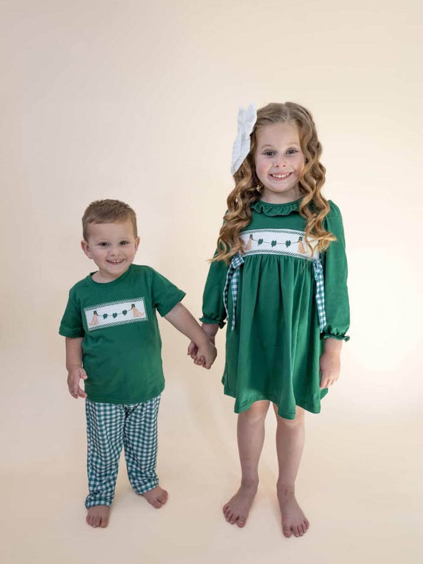Boys St. Patrick’s Day Shamrock Puppy Smocked Plaid Set