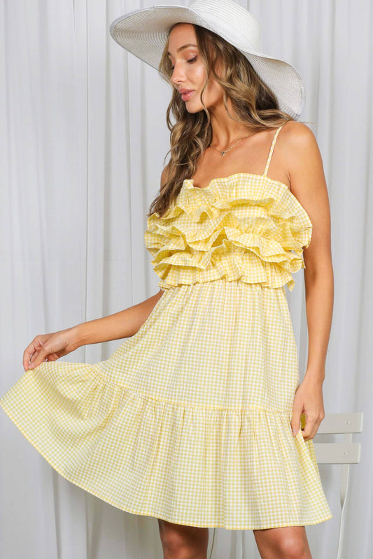 Gingham Ruffle Embellished Detail Knee Dress