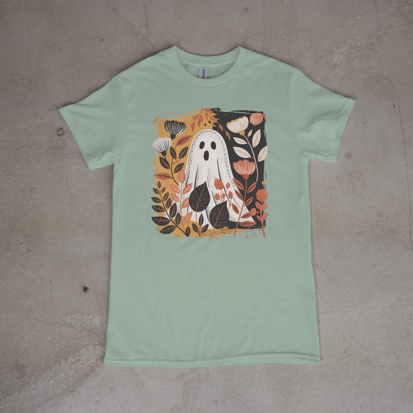 Boho Floral Ghost Tee – Cute Fall Halloween Shirt for Women