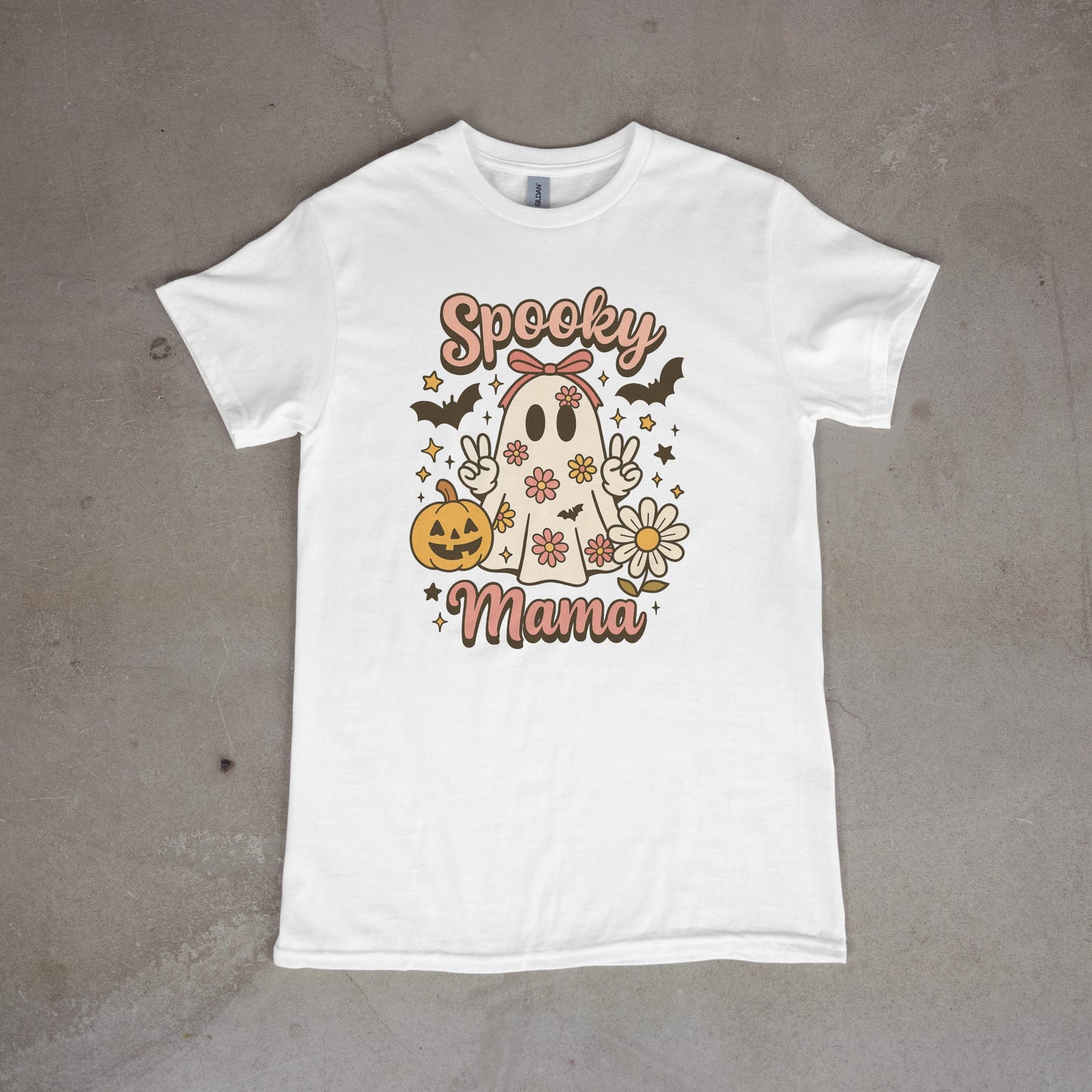 Spooky Mama Ghost Tee – Boho Rose Gold Halloween Shirt for Women