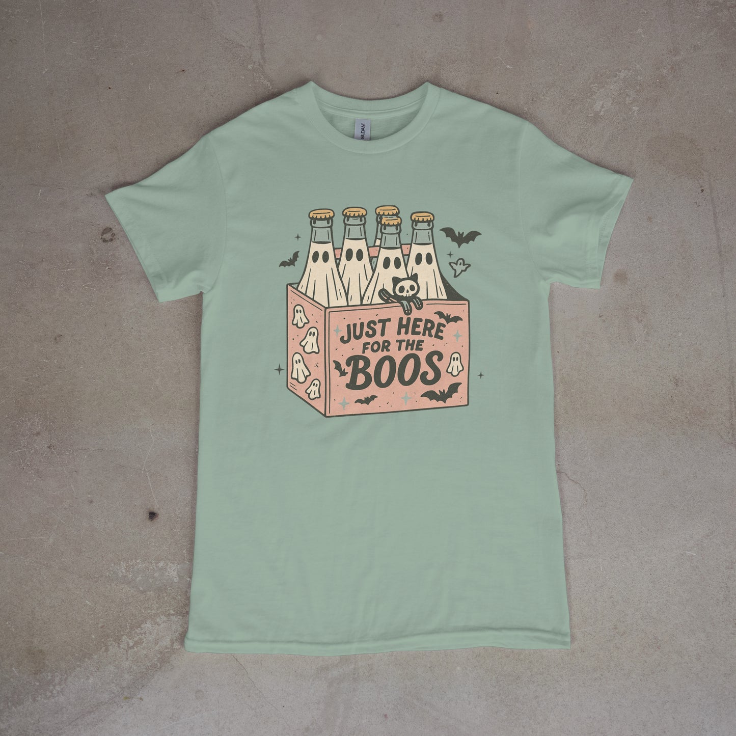 Just Here for the Boos Ghost Drink Tee – Funny Halloween Shirt with Skeleton Cat