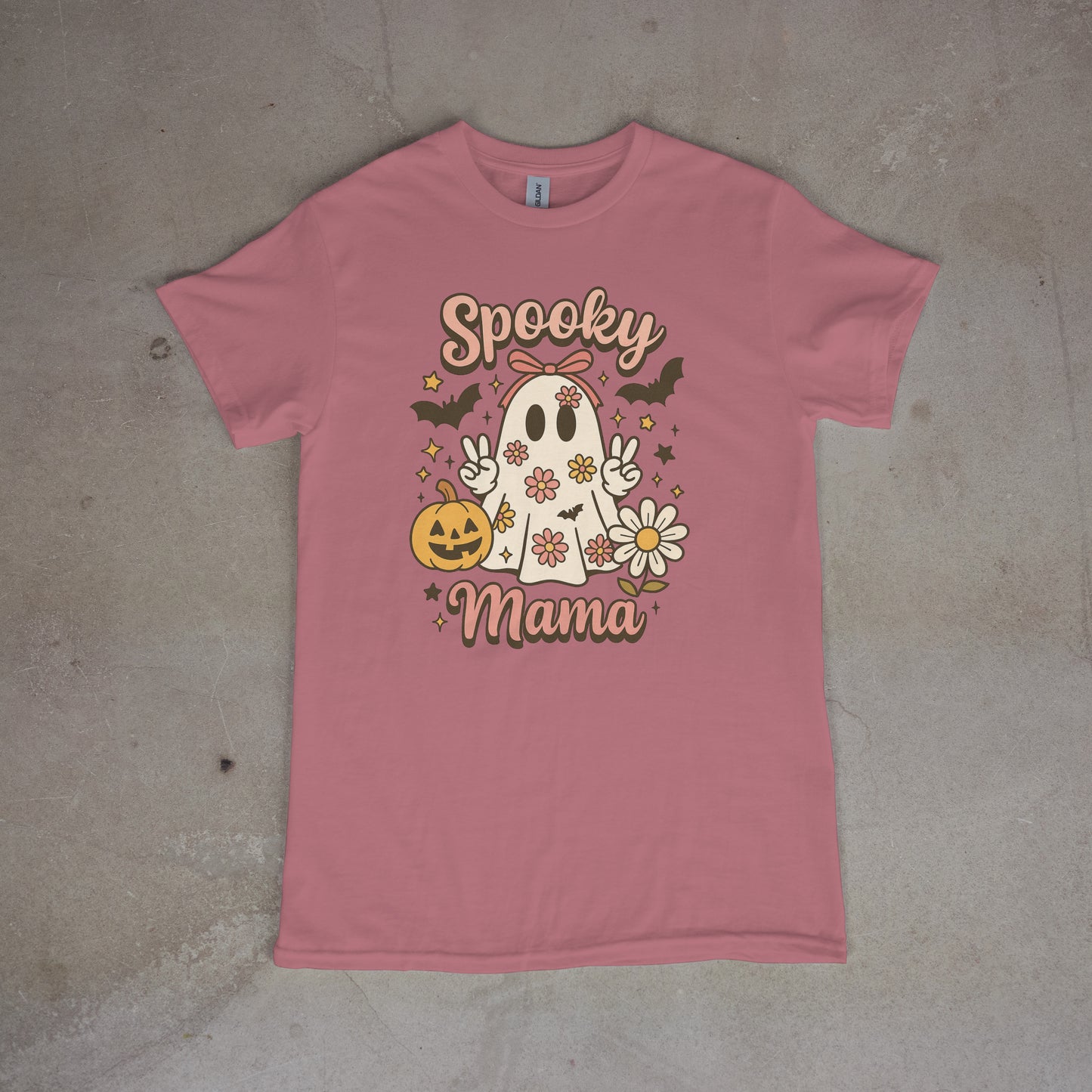 Spooky Mama Ghost Tee – Boho Rose Gold Halloween Shirt for Women