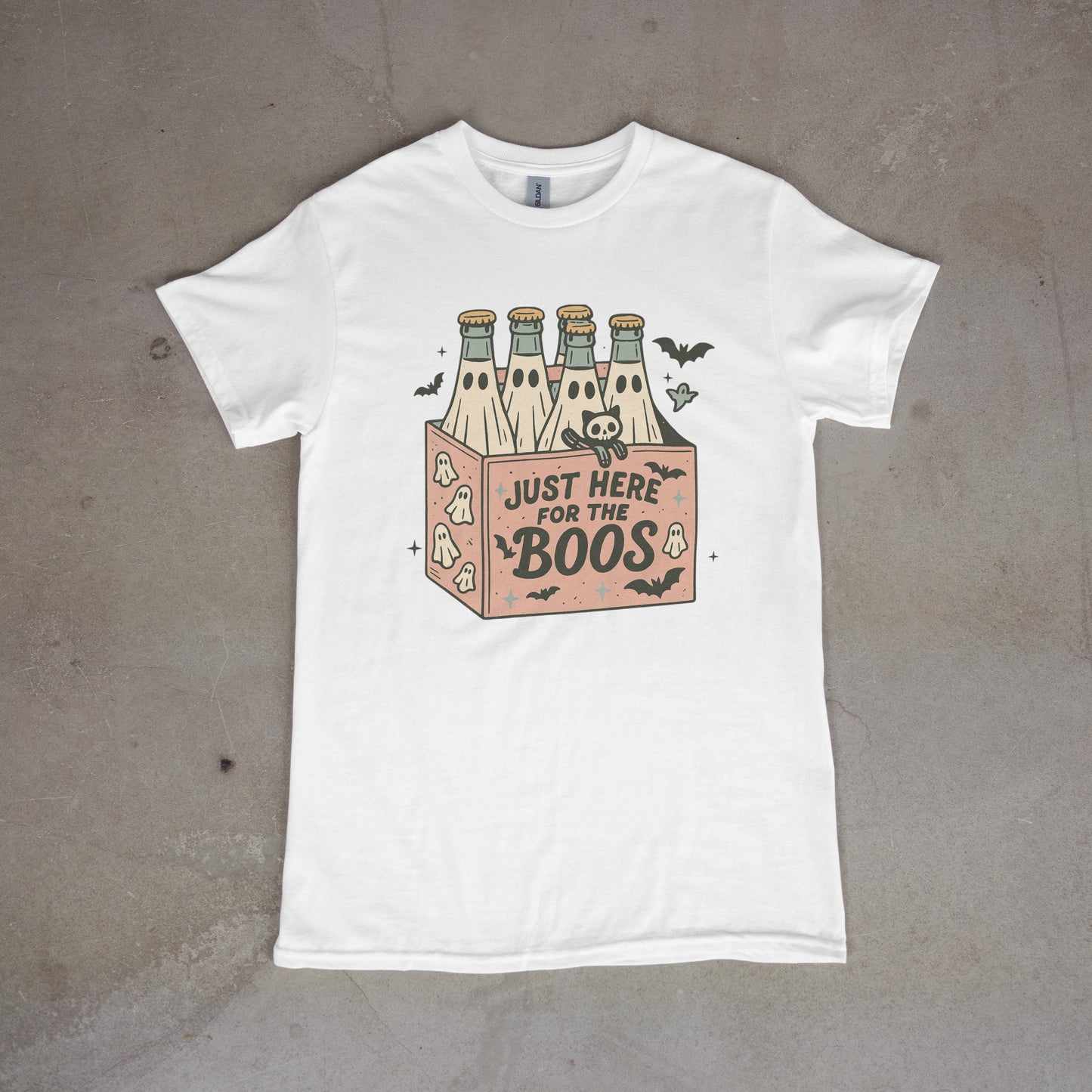 Just Here for the Boos Ghost Drink Tee – Funny Halloween Shirt with Skeleton Cat