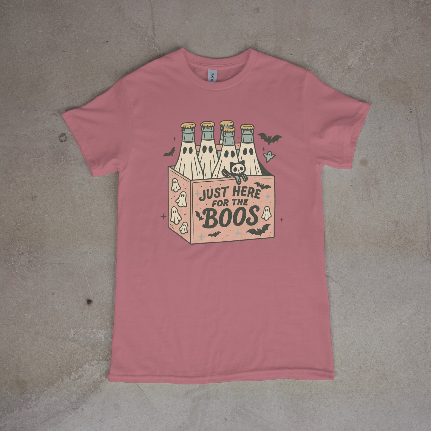 Just Here for the Boos Ghost Drink Tee – Funny Halloween Shirt with Skeleton Cat