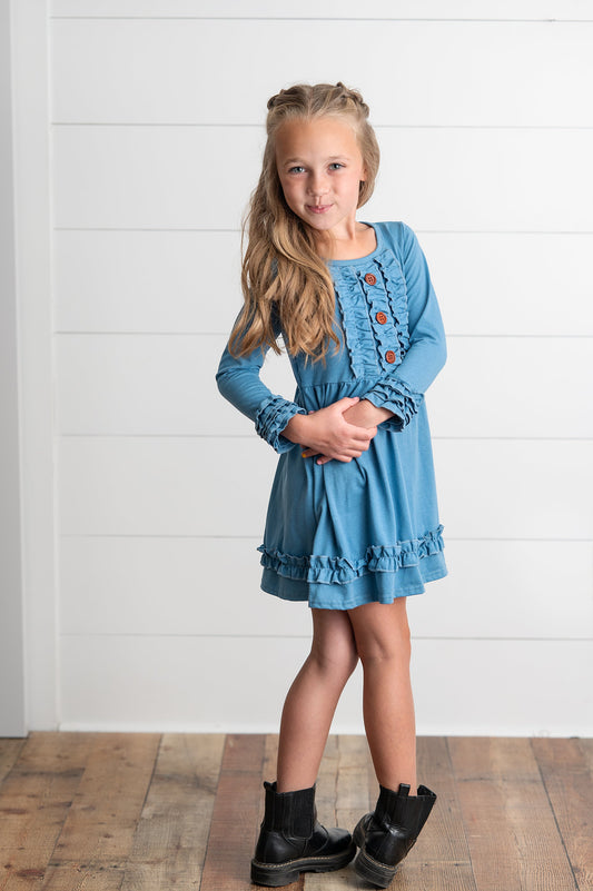 Solid Blue Ruffle Long Sleeve Dress