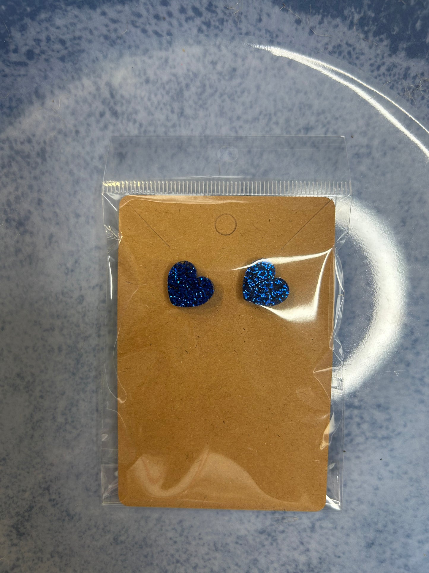 Blue Glitter Heart Stud Earrings