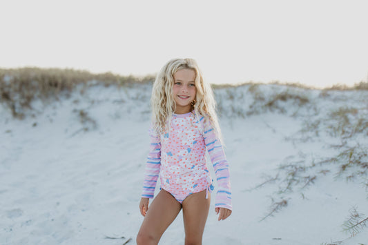 Elsie Pink Blue Abstract Long Sleeve Rash Guard Swimsuit