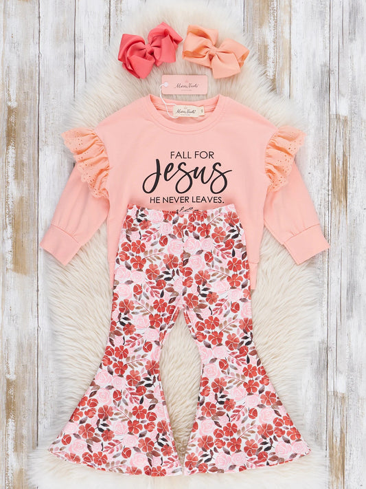 Pink Floral “Jesus Never Leaves” Bell Bottom Set