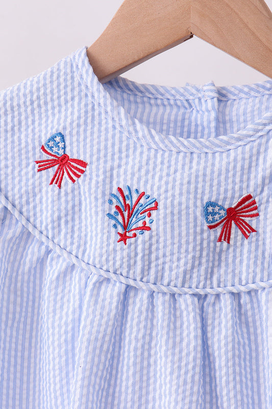 Blue stripe bow fireworks embroidery bloomer set