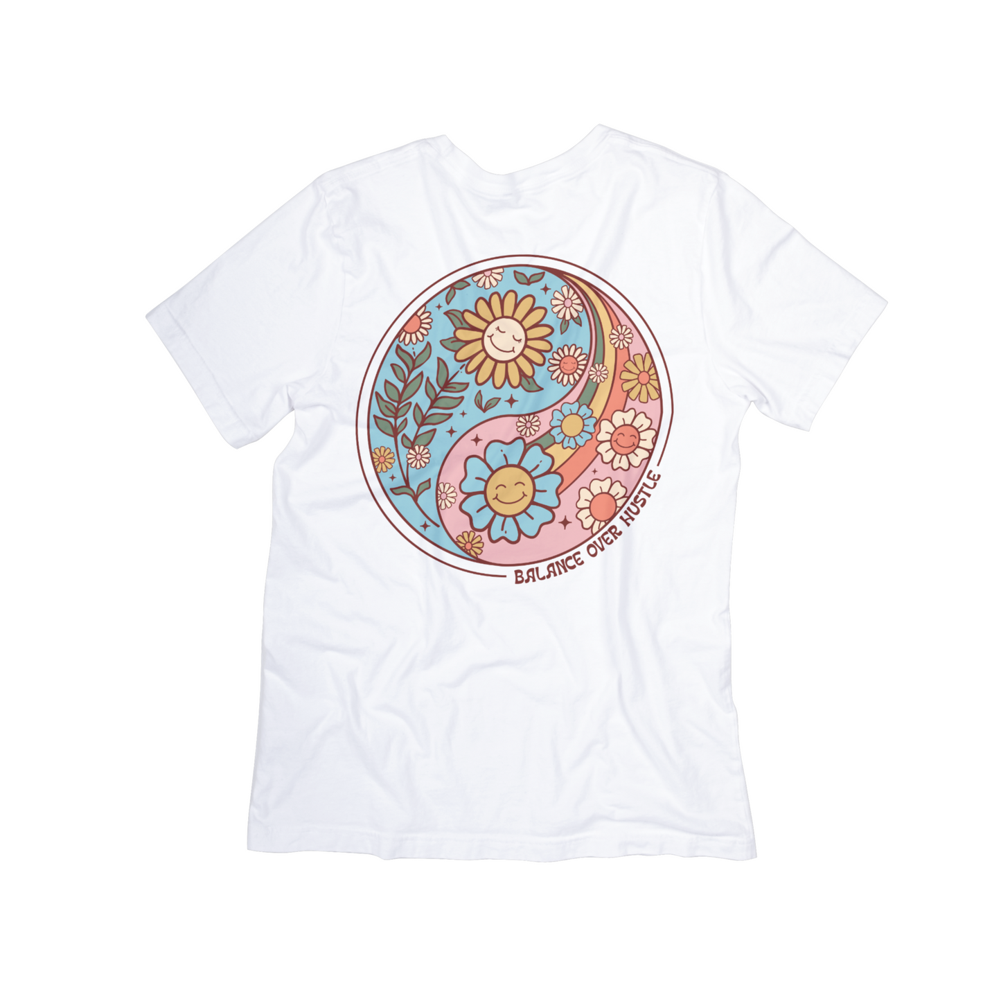 Balance Over Hustle Retro Floral Tee – Inspirational Graphic Shirt for Women
