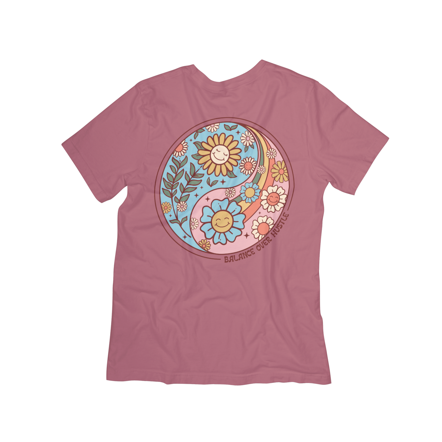 Balance Over Hustle Retro Floral Tee – Inspirational Graphic Shirt for Women