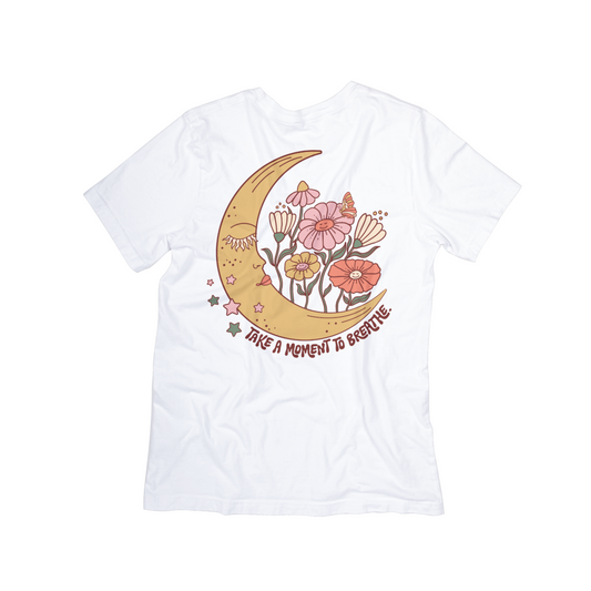 "Take a Moment to Breathe" Boho Moon Floral Tee