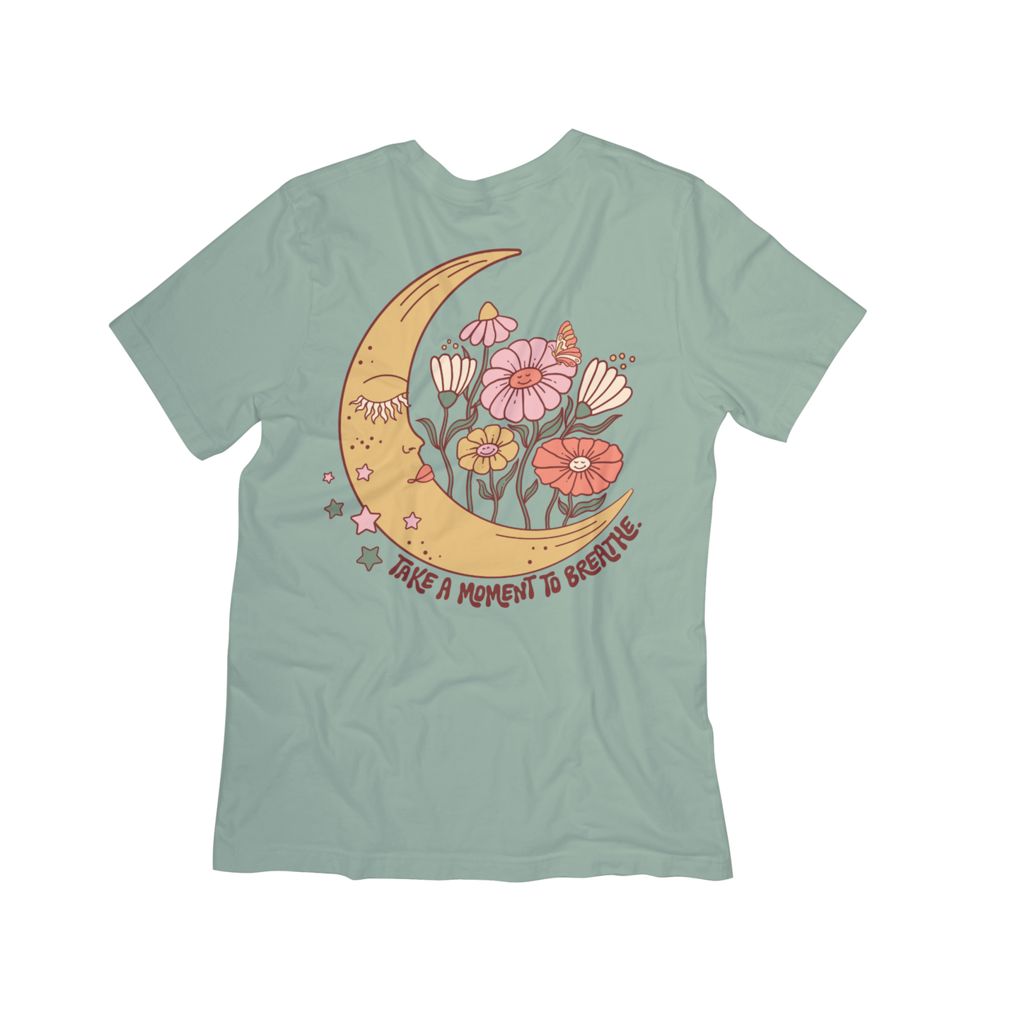 "Take a Moment to Breathe" Boho Moon Floral Tee