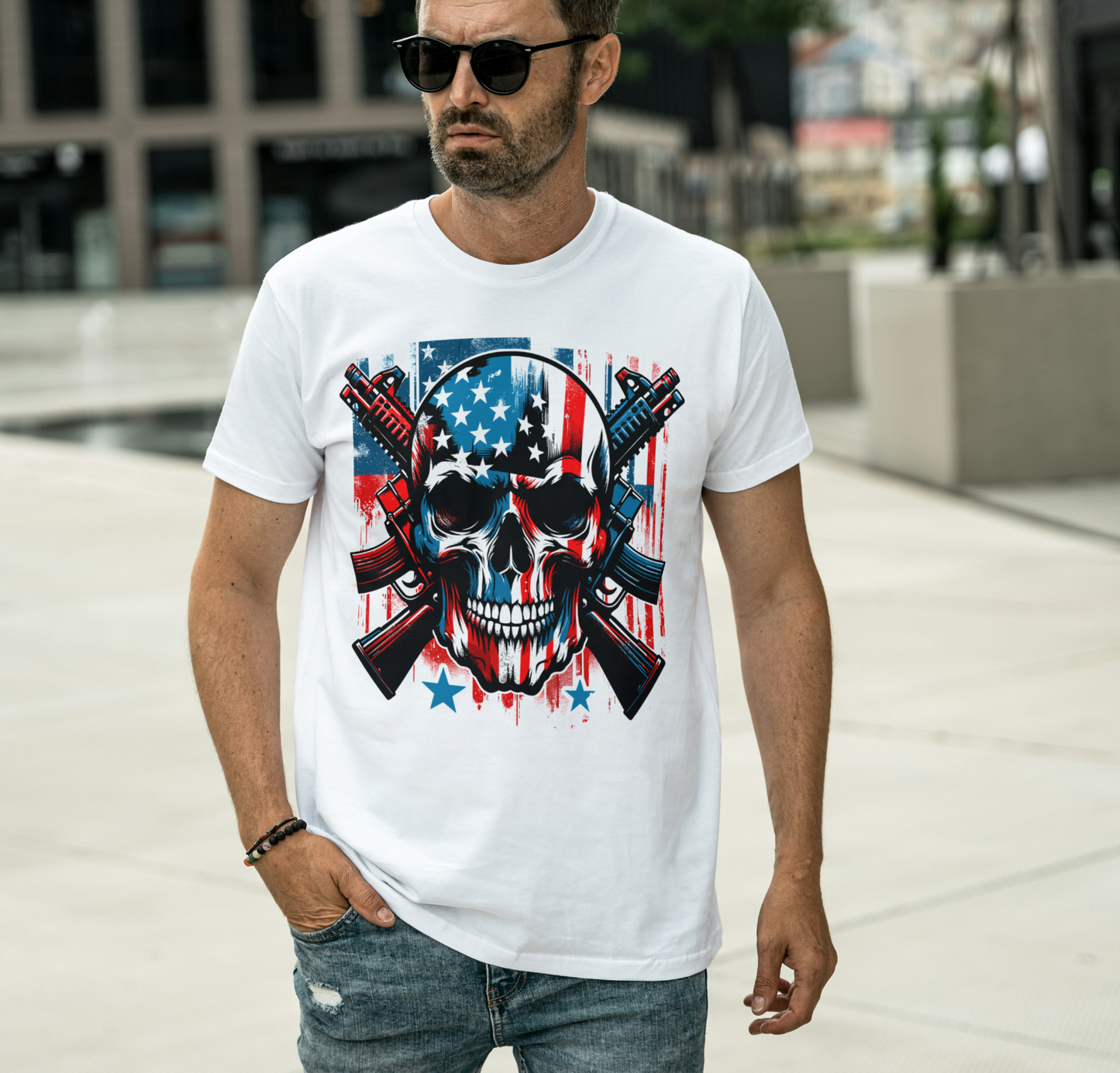 Patriotic Skull & Rifles Tee – American Flag 2nd Amendment Shirt