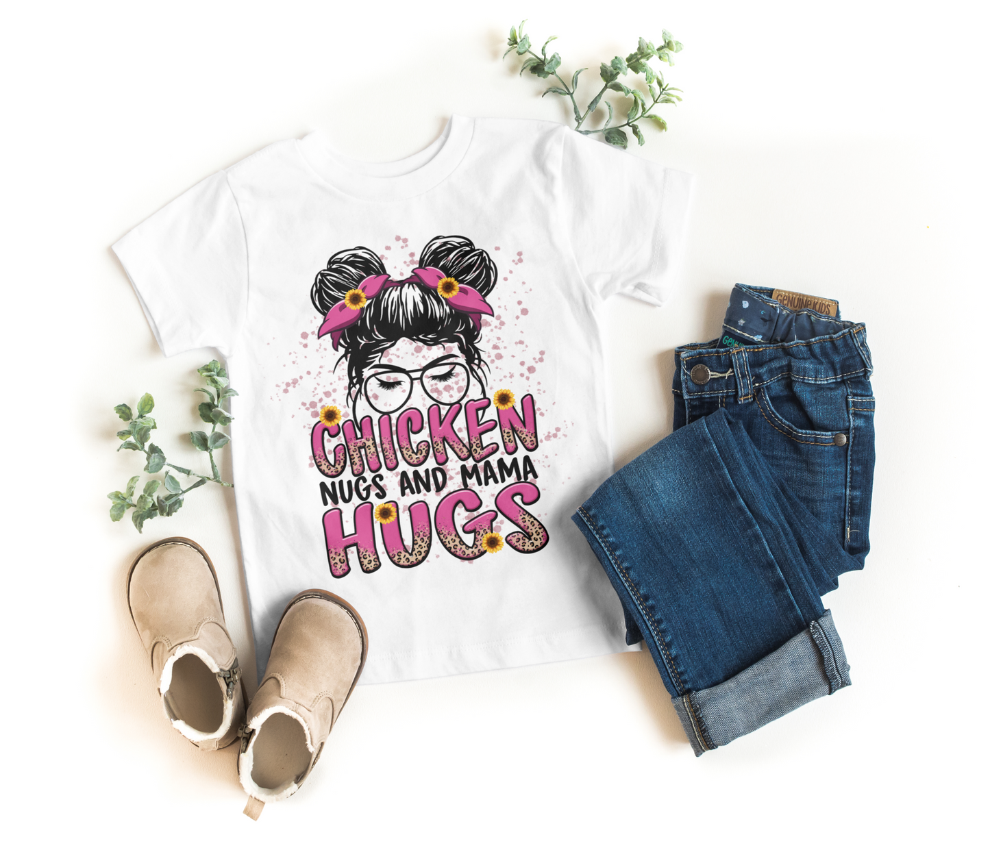 Chicken Nugs & Mama Hugs Youth Tee – Cute Graphic Shirt with Space Buns & Cheetah Print