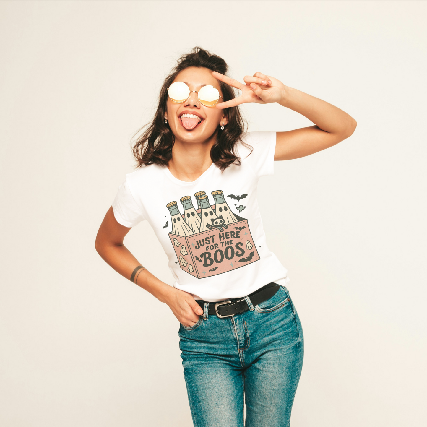 Just Here for the Boos Ghost Drink Tee – Funny Halloween Shirt with Skeleton Cat