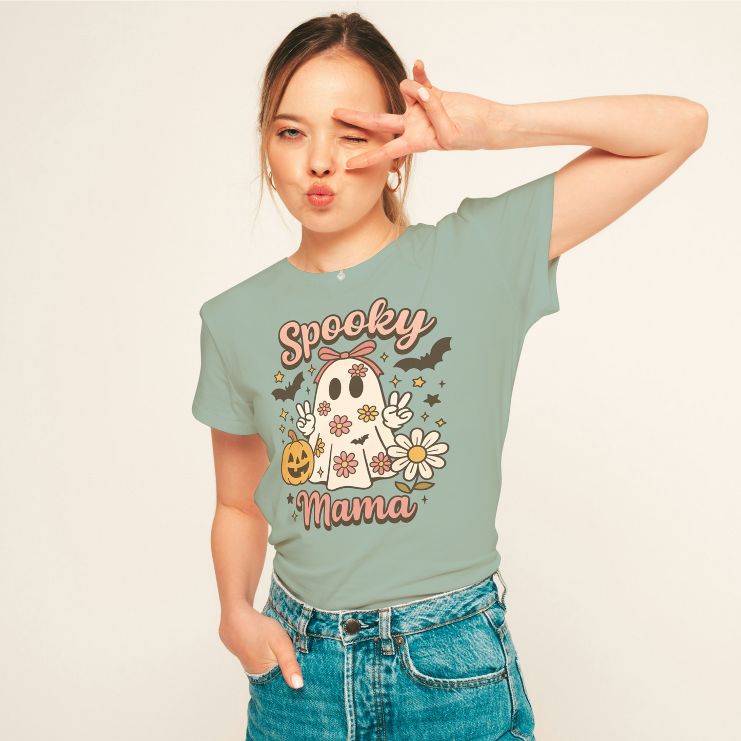 Spooky Mama Ghost Tee – Boho Rose Gold Halloween Shirt for Women