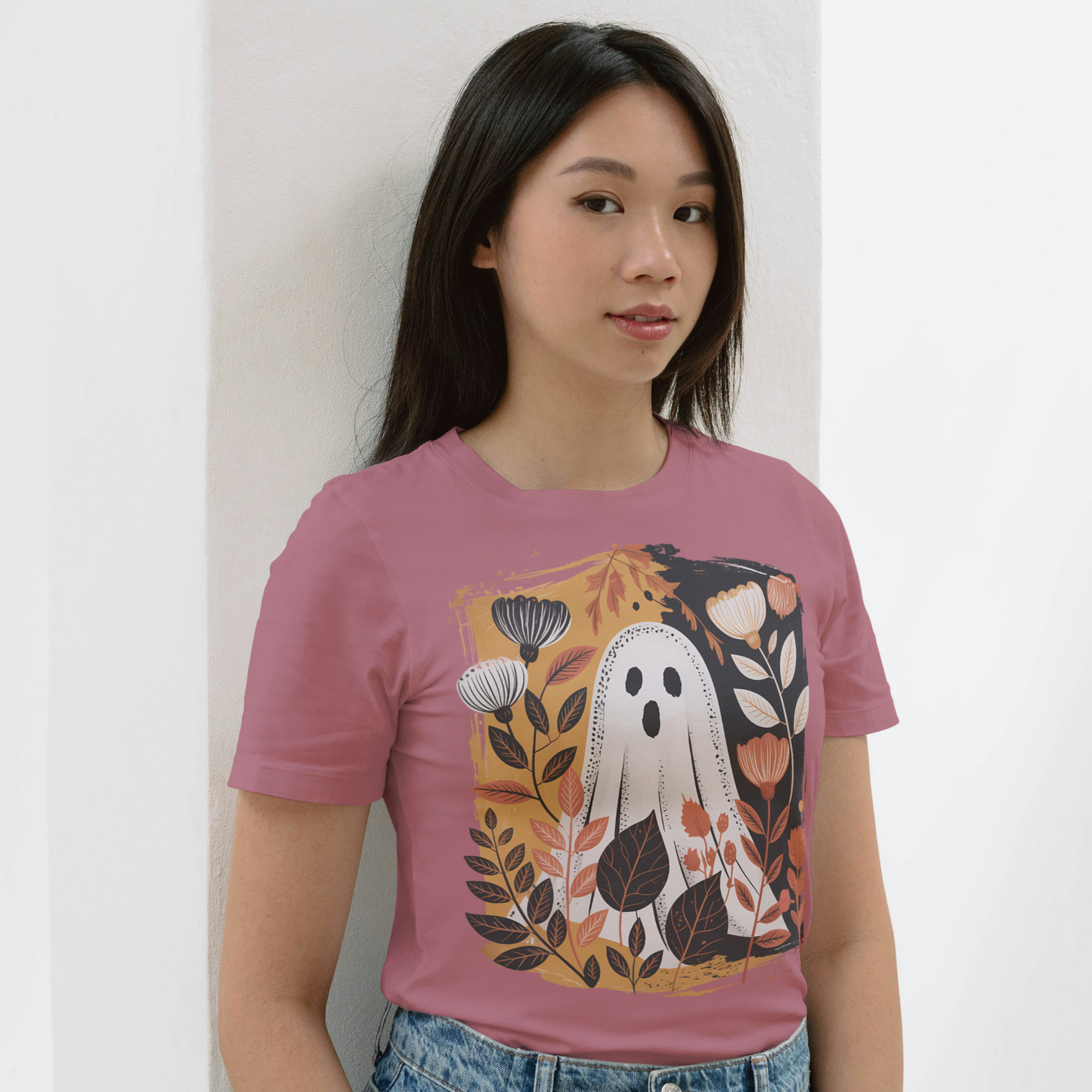 Boho Floral Ghost Tee – Cute Fall Halloween Shirt for Women