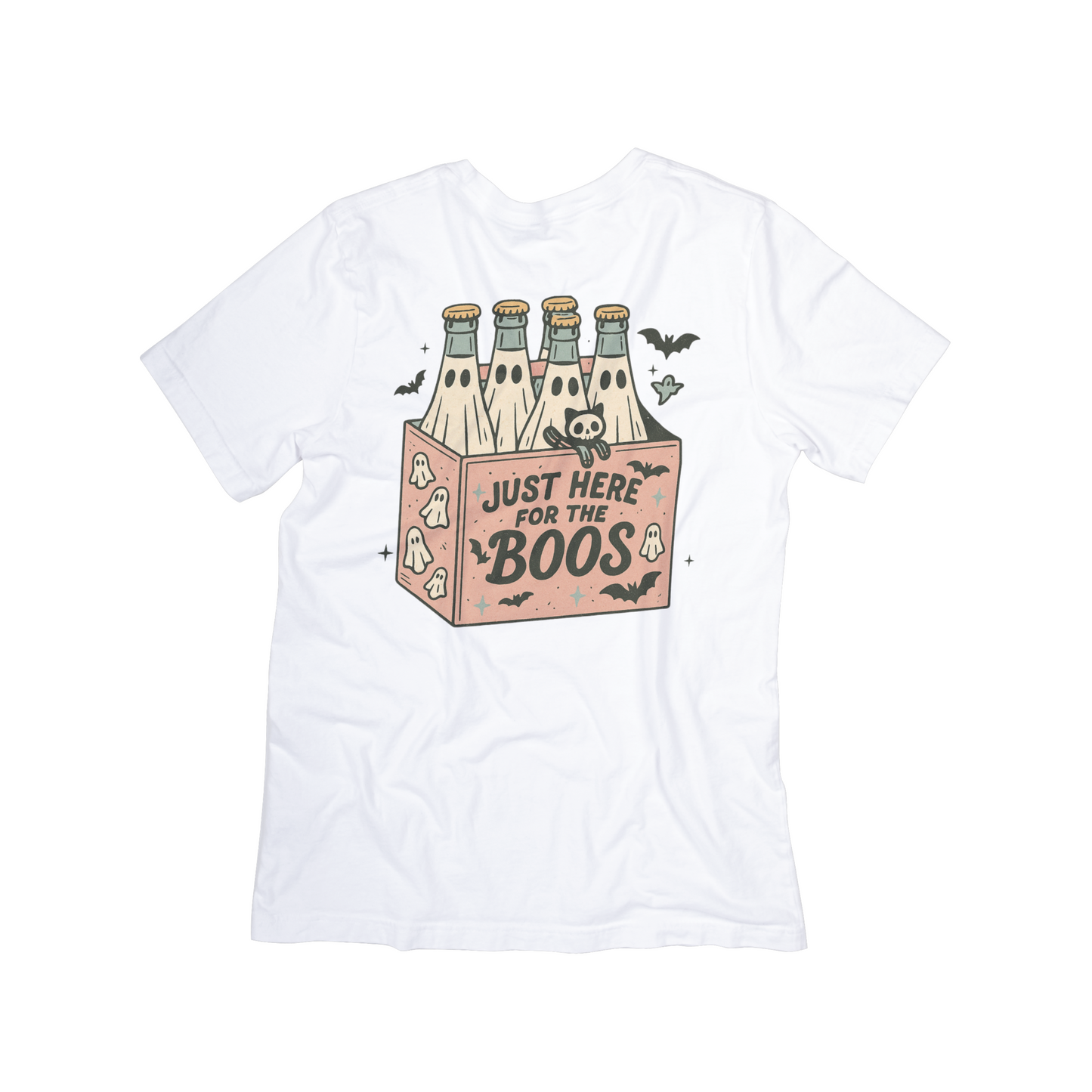 Just Here for the Boos Ghost Drink Tee – Funny Halloween Shirt with Skeleton Cat