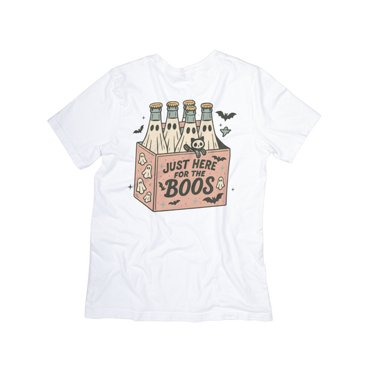 Just Here for the Boos Ghost Drink Tee – Funny Halloween Shirt with Skeleton Cat