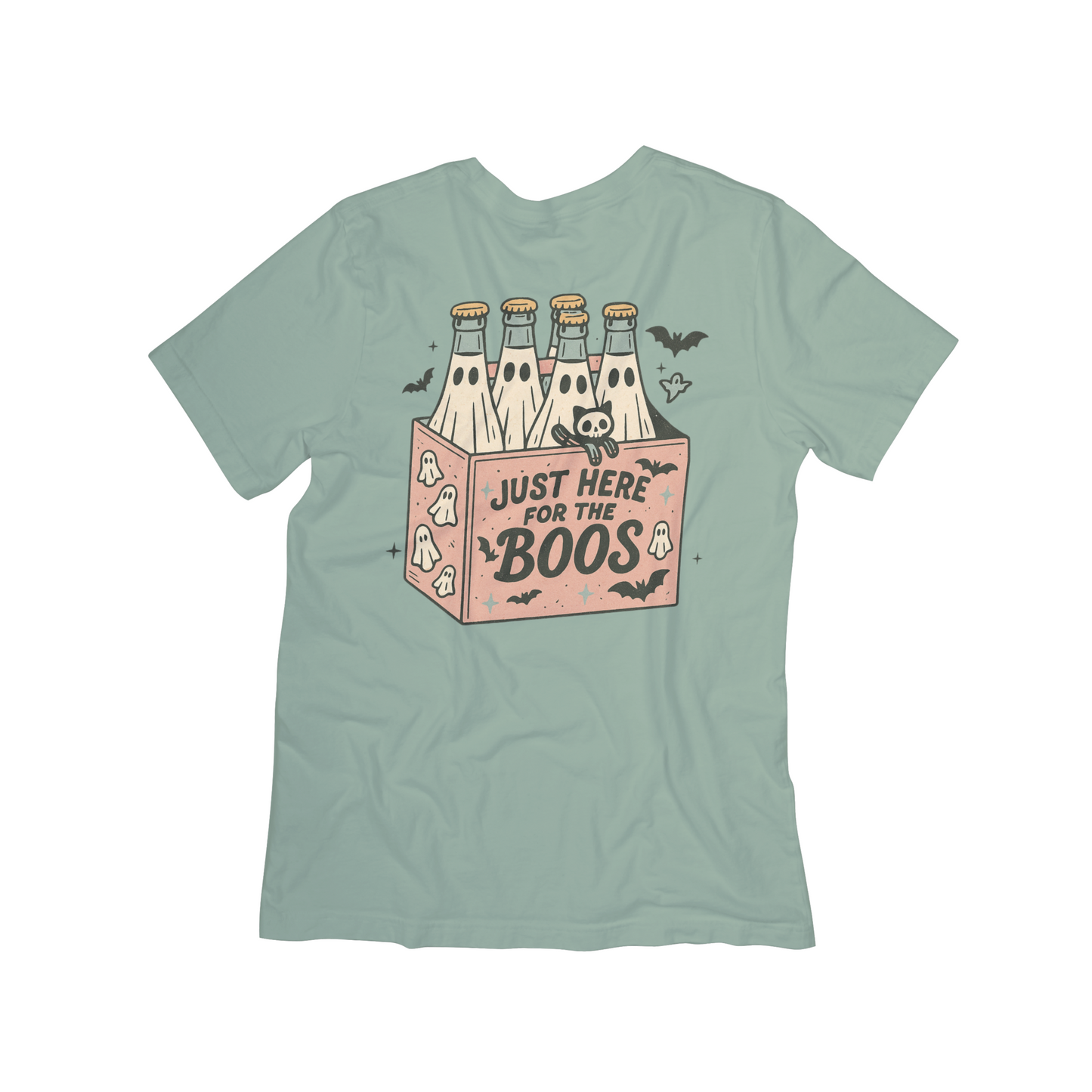 Just Here for the Boos Ghost Drink Tee – Funny Halloween Shirt with Skeleton Cat