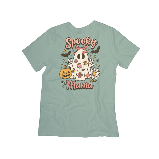 Spooky Mama Ghost Tee – Boho Rose Gold Halloween Shirt for Women